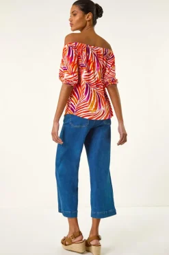 Roman Red Floral Print Bardot Stretch Top