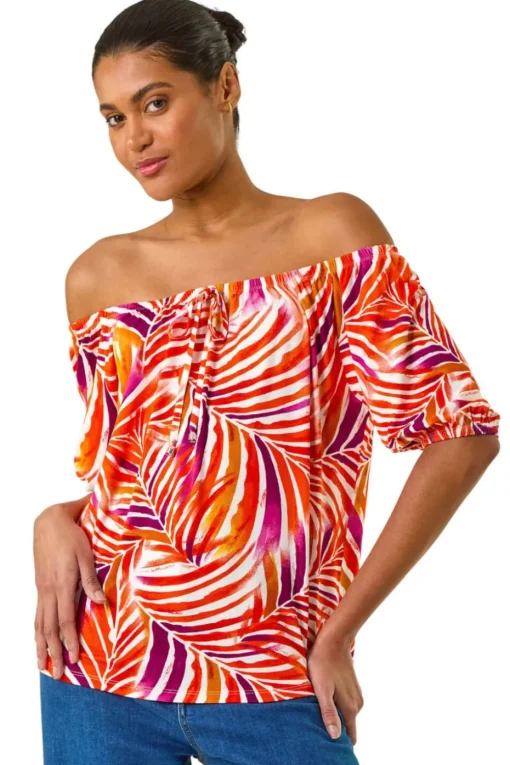 Roman Red Floral Print Bardot Stretch Top