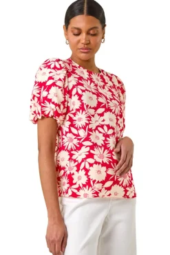 Roman Red Floral Print Balloon Sleeve Top