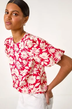 Roman Red Floral Print Balloon Sleeve Top