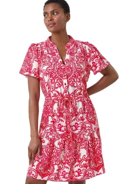 Roman Red Floral Print Frill Hem Shirt Dress