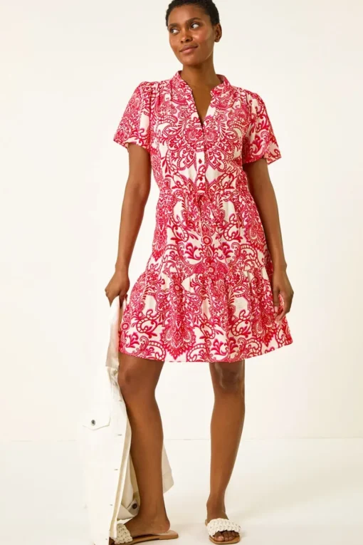 Roman Red Floral Print Frill Hem Shirt Dress