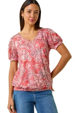 Roman Red Paisley Burnout Blouson Top