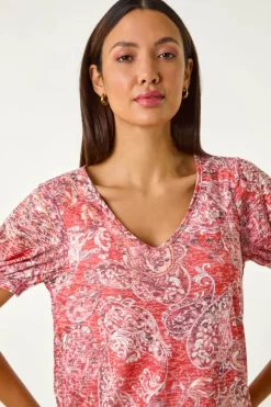 Roman Red Paisley Burnout Blouson Top