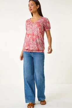 Roman Red Paisley Burnout Blouson Top