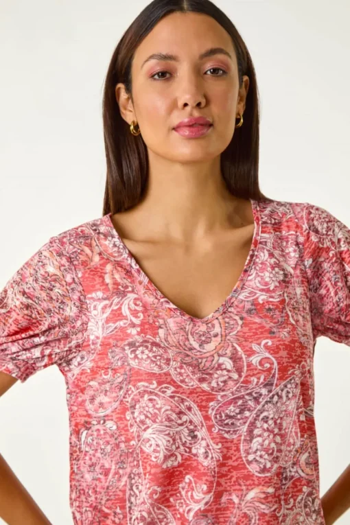Roman Red Paisley Burnout Blouson Top
