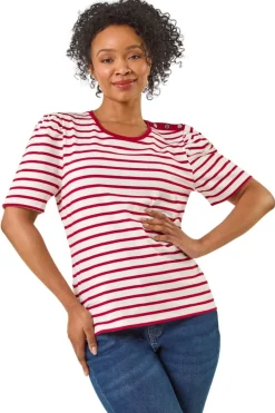 Roman Red Petite Stripe Ruched Sleeve Top
