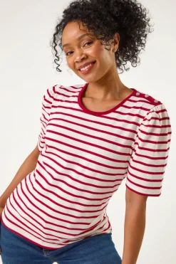 Roman Red Petite Stripe Ruched Sleeve Top