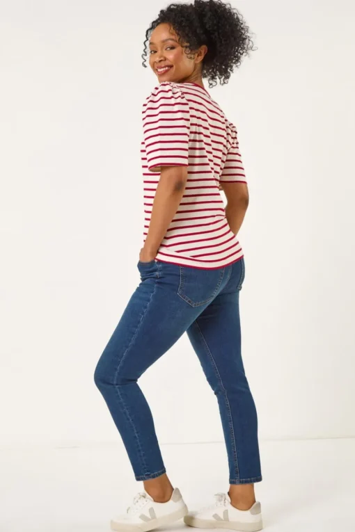 Roman Red Petite Stripe Ruched Sleeve Top