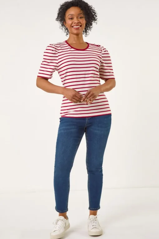 Roman Red Petite Stripe Ruched Sleeve Top