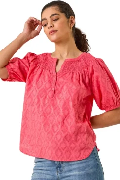 Roman Red Shirred Neck Textured Top