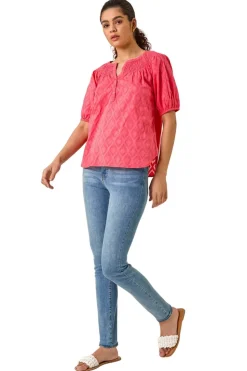 Roman Red Shirred Neck Textured Top