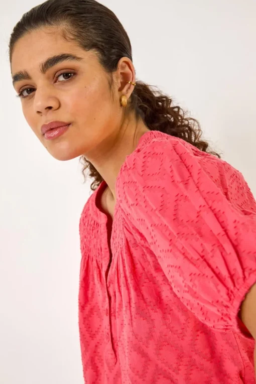 Roman Red Shirred Neck Textured Top