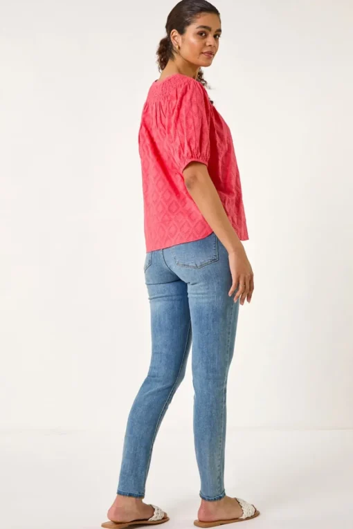 Roman Red Shirred Neck Textured Top
