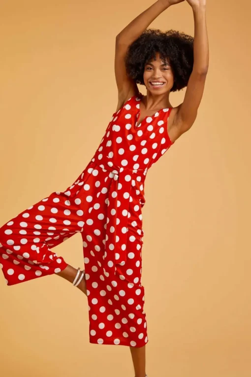 Roman Red Spot Print Belted Jumpsuit