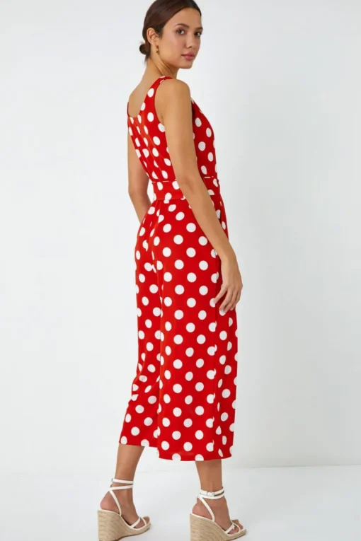 Roman Red Spot Print Belted Jumpsuit