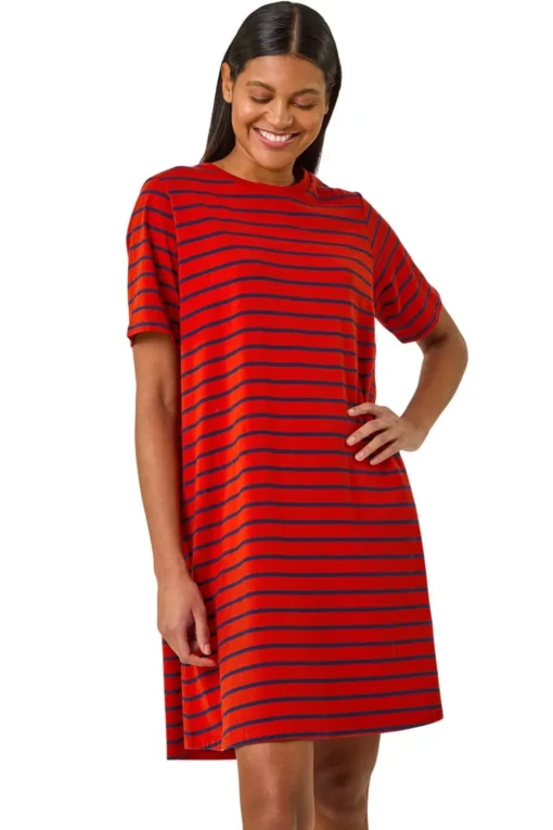Roman Red Stripe Print Jersey T Shirt Dress