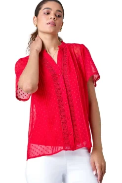 Roman Red Textured Spot Lace Trim Blouse