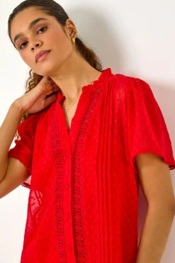 Roman Red Textured Spot Lace Trim Blouse