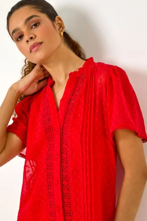 Roman Red Textured Spot Lace Trim Blouse