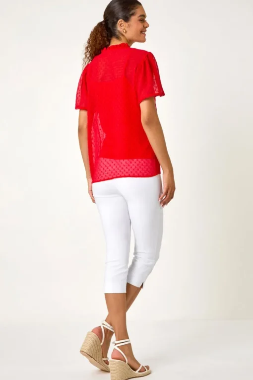 Roman Red Textured Spot Lace Trim Blouse