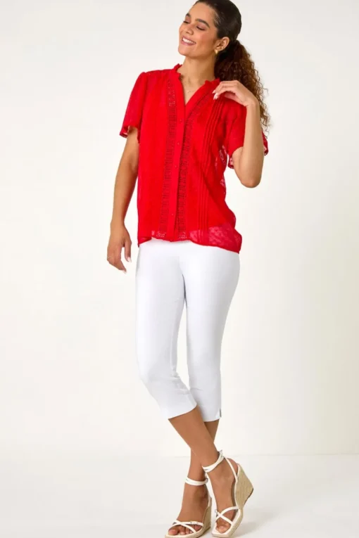 Roman Red Textured Spot Lace Trim Blouse