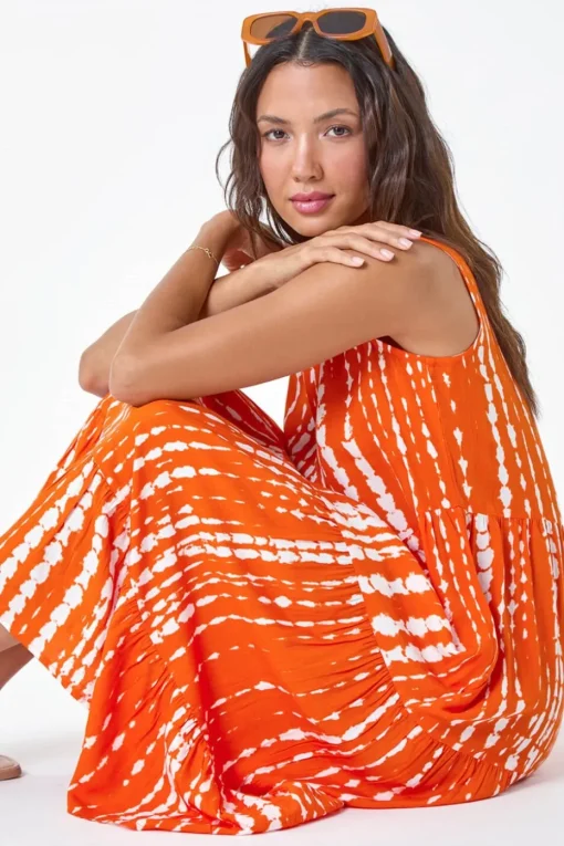 Roman Red Tie Dye Print Sleeveless Smock Dress
