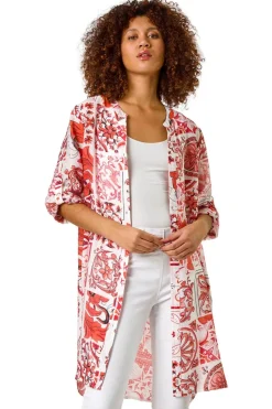 Roman Red Tile Print Longline Blouse
