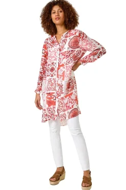 Roman Red Tile Print Longline Blouse