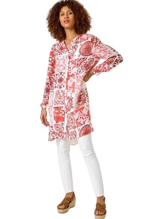 Roman Red Tile Print Longline Blouse