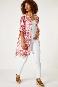 Roman Red Tile Print Longline Blouse