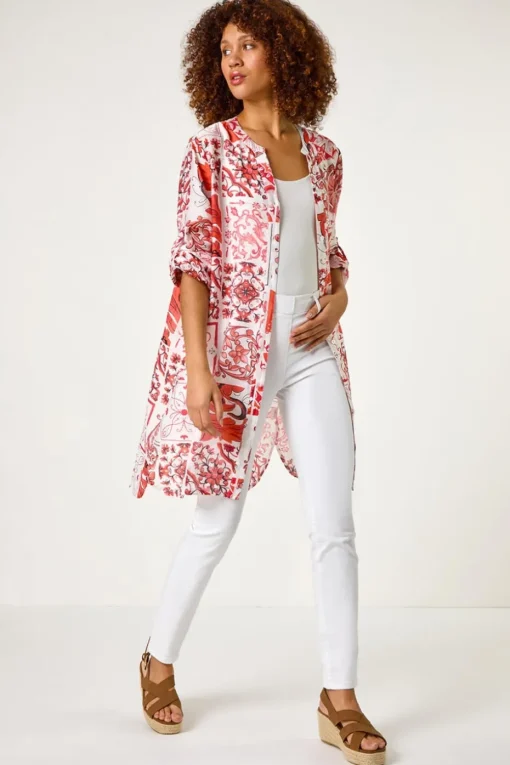 Roman Red Tile Print Longline Blouse