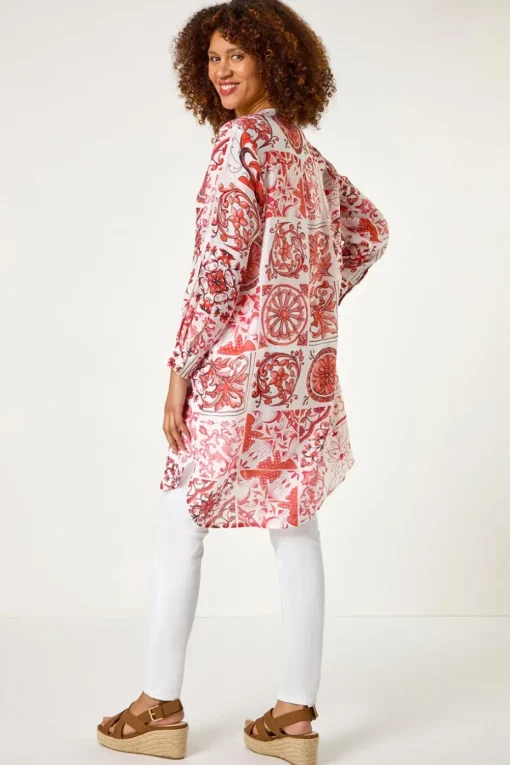Roman Red Tile Print Longline Blouse