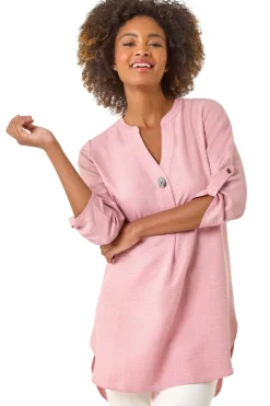 Roman Rose Longline V Neck Button Tunic Top
