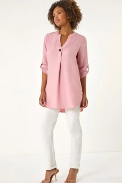Roman Rose Longline V Neck Button Tunic Top
