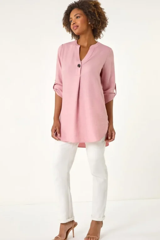 Roman Rose Longline V Neck Button Tunic Top