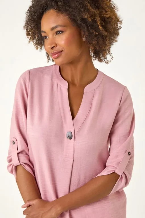 Roman Rose Longline V Neck Button Tunic Top