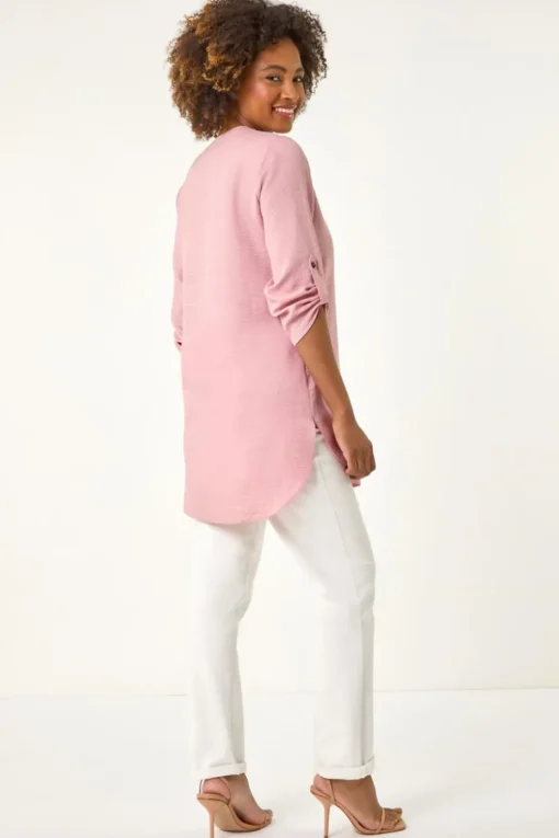 Roman Rose Longline V Neck Button Tunic Top