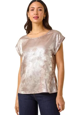 Roman Rose Metallic Print Shell Top