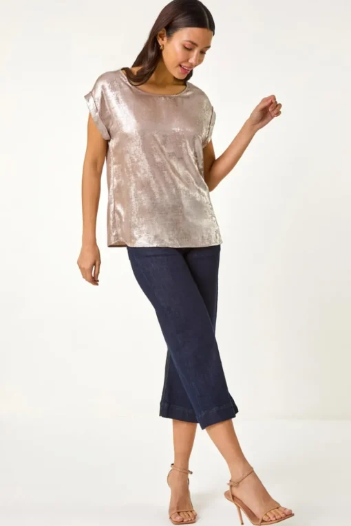 Roman Rose Metallic Print Shell Top
