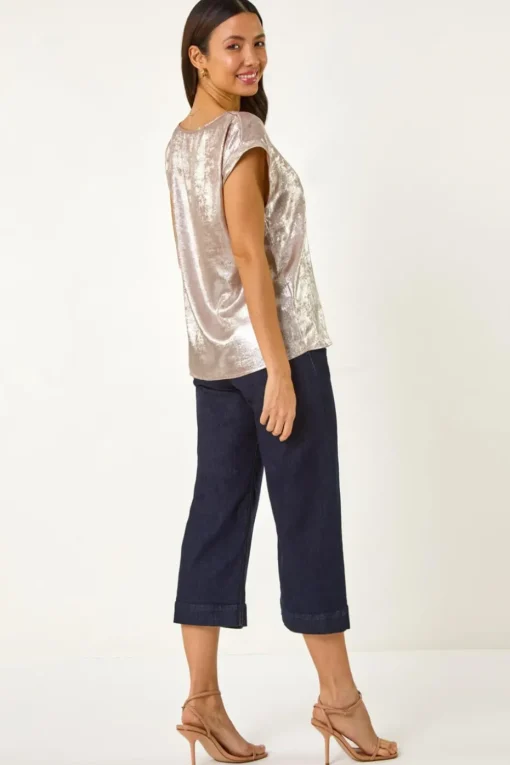 Roman Rose Metallic Print Shell Top