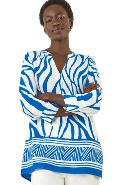 Roman Royal Blue Abstract Print Border Pleat Top