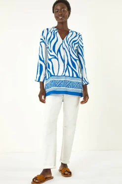 Roman Royal Blue Abstract Print Border Pleat Top