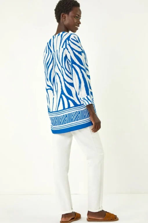 Roman Royal Blue Abstract Print Border Pleat Top