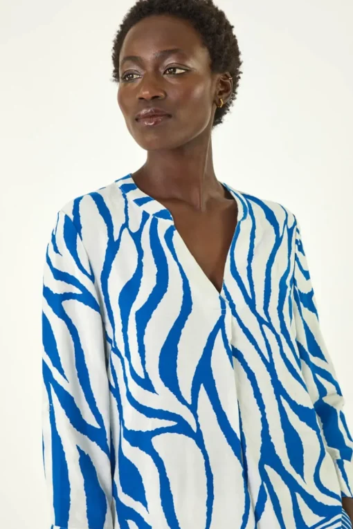 Roman Royal Blue Abstract Print Border Pleat Top