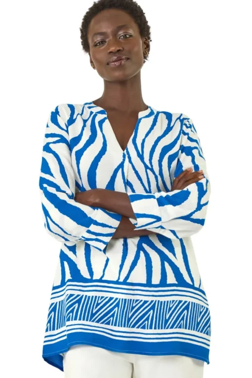Roman Royal Blue Abstract Print Border Pleat Top