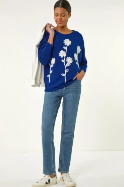 Roman Royal Blue Floral Embroidery Knit Jumper
