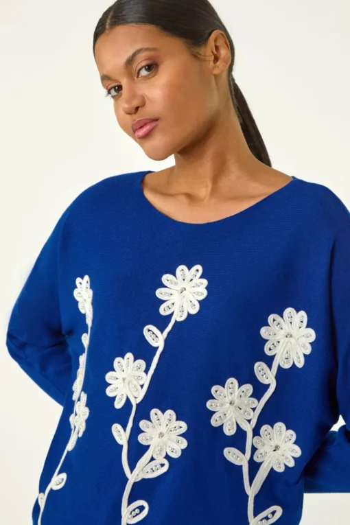 Roman Royal Blue Floral Embroidery Knit Jumper