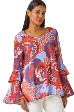 Roman Rust Paisley Print Flared Sleeve Top