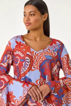 Roman Rust Paisley Print Flared Sleeve Top